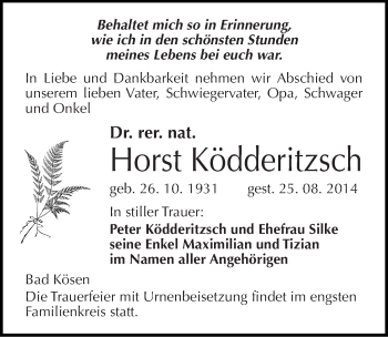 Traueranzeige von Horst Ködderitzsch von Mitteldeutsche Zeitung Naumburg/Nebra