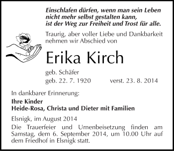 Traueranzeige von Erika Kirch von Mitteldeutsche Zeitung Köthen