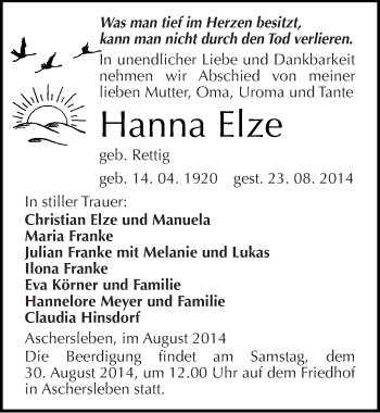 Traueranzeige von Hanna Elze von Mitteldeutsche Zeitung Aschersleben