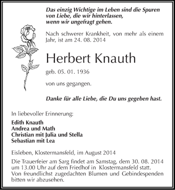 Traueranzeige von Herbert Knauth von Mitteldeutsche Zeitung Mansfelder Land