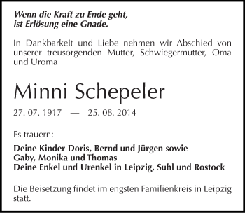 Traueranzeige von Minni Schepeler von Mitteldeutsche Zeitung Wittenberg