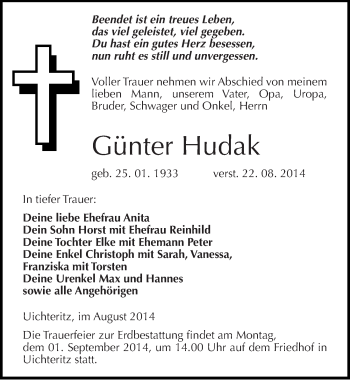 Traueranzeige von Günter Hudak von Mitteldeutsche Zeitung Weißenfels