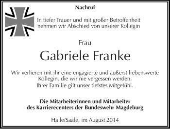 Traueranzeige von Gabriele Franke von Mitteldeutsche Zeitung Halle/Saalkreis