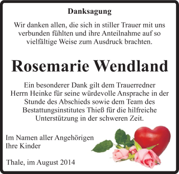 Traueranzeige von Rosemarie Wendland von Mitteldeutsche Zeitung Quedlinburg