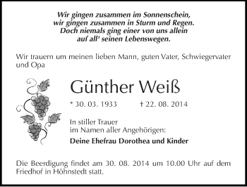 Traueranzeige von Günther Weiß von Mitteldeutsche Zeitung Halle/Saalkreis