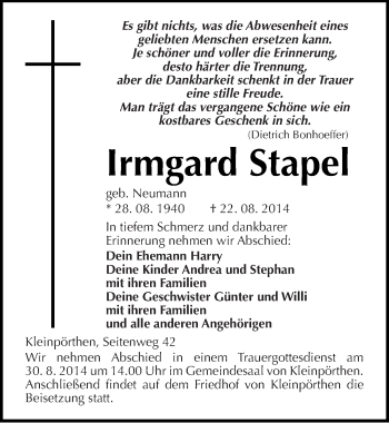 Traueranzeige von Irmgard Stapel von Mitteldeutsche Zeitung