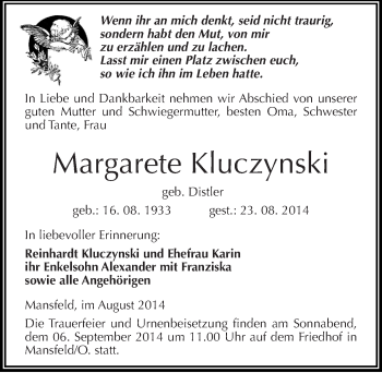Traueranzeige von Margarete KIuczynski von Mitteldeutsche Zeitung Mansfelder Land