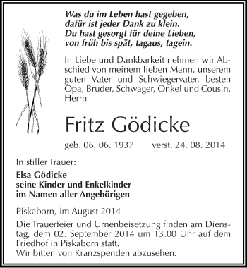 Traueranzeige von Fritz Gödicke von Mitteldeutsche Zeitung Mansfelder Land