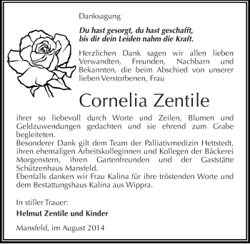 Traueranzeige von Cornelia Zentile von Mitteldeutsche Zeitung Mansfelder Land
