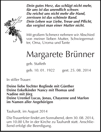 Traueranzeige von Margarete Brünner von Mitteldeutsche Zeitung Naumburg/Nebra