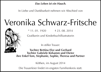Traueranzeige von Veronika Schwarz-Fritsche von Mitteldeutsche Zeitung Köthen