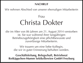 Traueranzeige von Christa Dokter von Mitteldeutsche Zeitung Naumburg/Nebra
