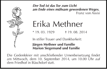Traueranzeige von Erika Methner von Mitteldeutsche Zeitung Halle/Saalkreis