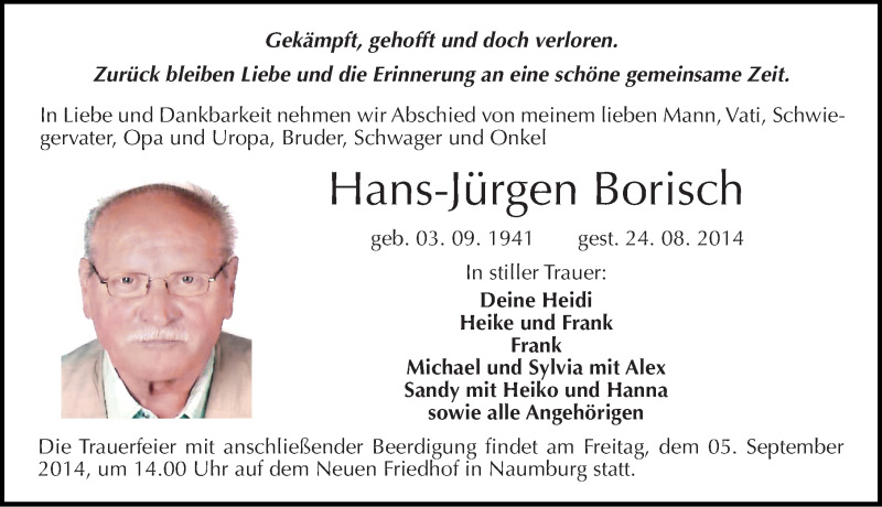  Traueranzeige für Hans-Jürgen Borisch vom 29.08.2014 aus Mitteldeutsche Zeitung Naumburg/Nebra