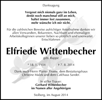 Traueranzeige von Elfriede Wittenbecher von Mitteldeutsche Zeitung Sangerhausen