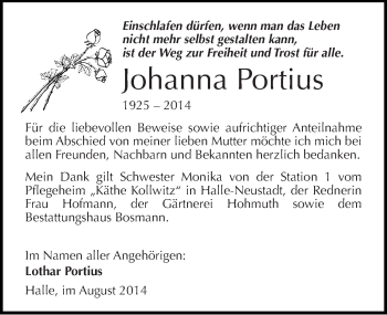 Traueranzeige von Johanna Portius von Mitteldeutsche Zeitung Halle/Saalkreis