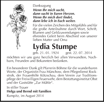 Traueranzeige von Lydia Stumpe von Mitteldeutsche Zeitung Merseburg/Querfurt