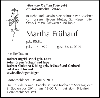 Traueranzeige von Martha Frühauf von Mitteldeutsche Zeitung Köthen