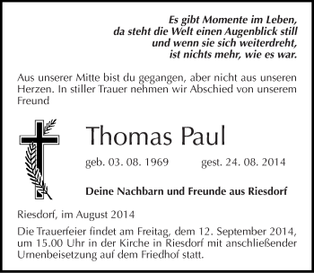 Traueranzeige von Thomas Paul von Mitteldeutsche Zeitung Köthen