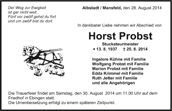 Traueranzeige von Horst Probst von Mitteldeutsche Zeitung Mansfelder Land