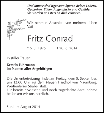 Traueranzeige von Fritz Conrad von Mitteldeutsche Zeitung Naumburg/Nebra