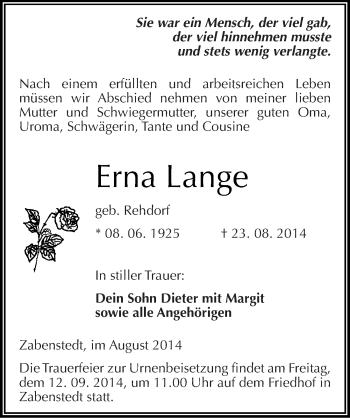 Traueranzeige von Erna Lange von Mitteldeutsche Zeitung Mansfelder Land