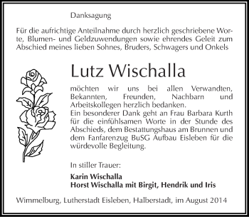 Traueranzeige von Lutz Wischalla von Mitteldeutsche Zeitung Mansfelder Land