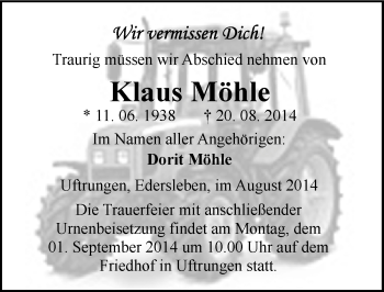 Traueranzeige von Klaus Möhle von Mitteldeutsche Zeitung Sangerhausen