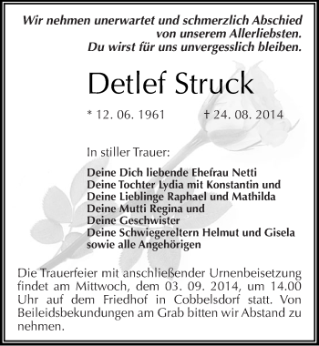 Traueranzeige von Detlef Struck von Mitteldeutsche Zeitung Wittenberg