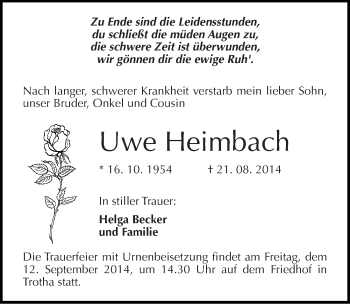 Traueranzeige von Uwe Heimbach von Mitteldeutsche Zeitung Halle/Saalkreis