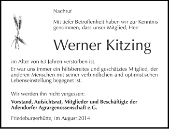 Traueranzeige von Werner Kitzing von Mitteldeutsche Zeitung Mansfelder Land