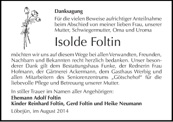 Traueranzeige von Isolde Foltin von Mitteldeutsche Zeitung Halle/Saalkreis