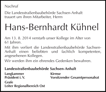 Traueranzeige von Hans-Bernhardt Kühnel von Mitteldeutsche Zeitung Wittenberg