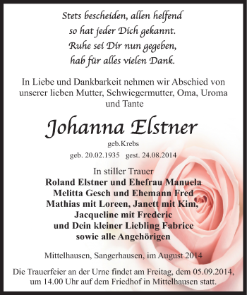 Traueranzeige von Johanna Elstner von Mitteldeutsche Zeitung Sangerhausen