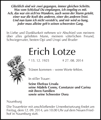 Traueranzeige von Erich Lotze von Mitteldeutsche Zeitung Naumburg/Nebra