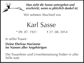 Traueranzeige von Karl Sasse von Mitteldeutsche Zeitung Bitterfeld