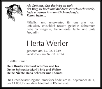 Traueranzeige von Herta Werler von Mitteldeutsche Zeitung Köthen