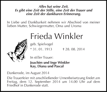 Traueranzeige von Frieda Winkler von Mitteldeutsche Zeitung Quedlinburg