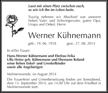 Traueranzeige von Werner Kühnemann von Mitteldeutsche Zeitung Mansfelder Land