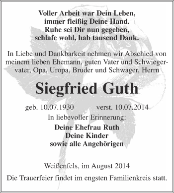 Traueranzeige von Siegfried Guth von WVG - Wochenspiegel NMB / WSF / ZTZ