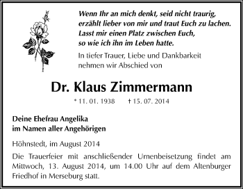 Traueranzeige von Klaus Zimmermann von WVG - Wochenspiegel Merseburg