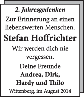 Traueranzeige von Stefan Hoffrichter von Super Sonntag Wittenberg