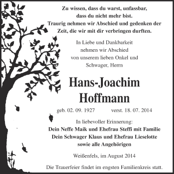 Traueranzeige von Hans-Joachim Hoffmann von WVG - Wochenspiegel NMB / WSF / ZTZ