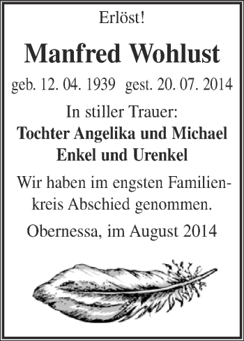 Traueranzeige von Manfred Wohlust von WVG - Wochenspiegel NMB / WSF / ZTZ