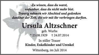 Traueranzeige von Ursula Altzschner von Super Sonntag Wittenberg