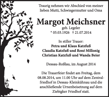 Traueranzeige von Margot Meichsner von Super Sonntag Dessau / Köthen