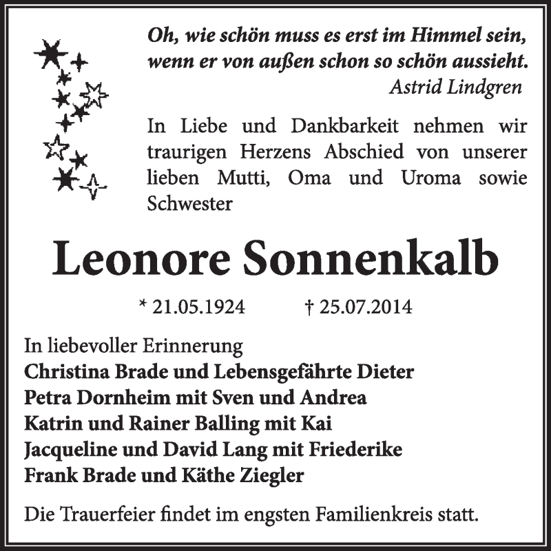  Traueranzeige für Leonore Sonnenkalb vom 03.08.2014 aus Super Sonntag Dessau / Köthen