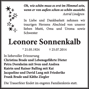 Traueranzeige von Leonore Sonnenkalb von Super Sonntag Dessau / Köthen