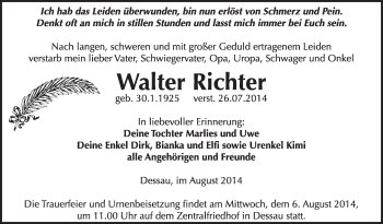 Traueranzeige von Walter Richter von Super Sonntag Dessau / Köthen