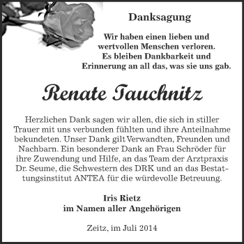 Traueranzeige von Renate Tauchnitz von Super Sonntag Zeitz